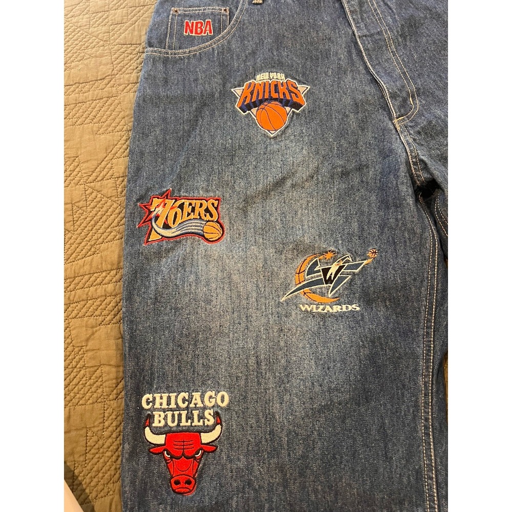Unk NBA Blue Jean Shorts Vintage 90s Size 36 With 16 Team Patches - Picture 11 of 13
